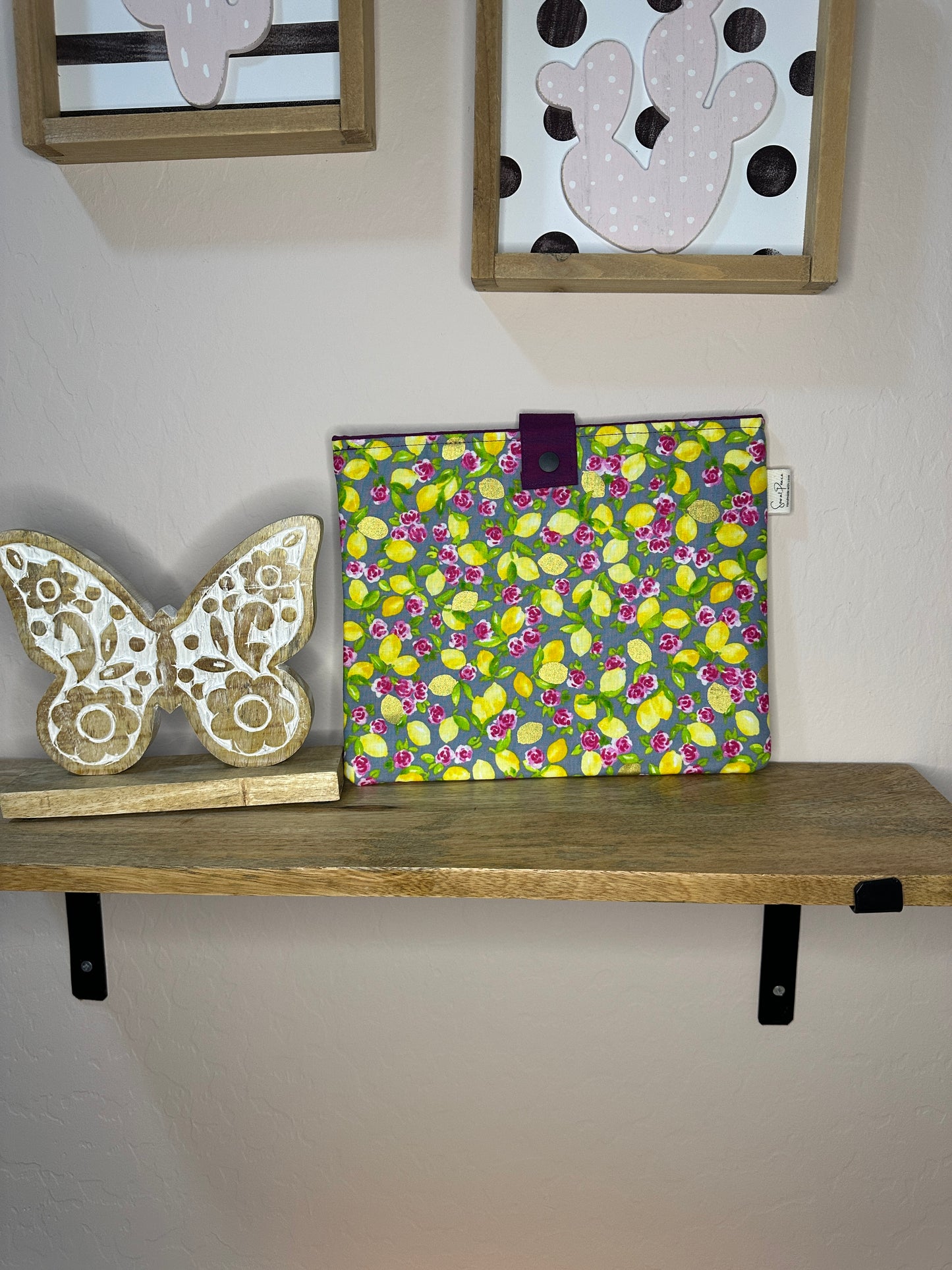 Book Sleeve with snap - Gray with Lemons Fuschia Flowers