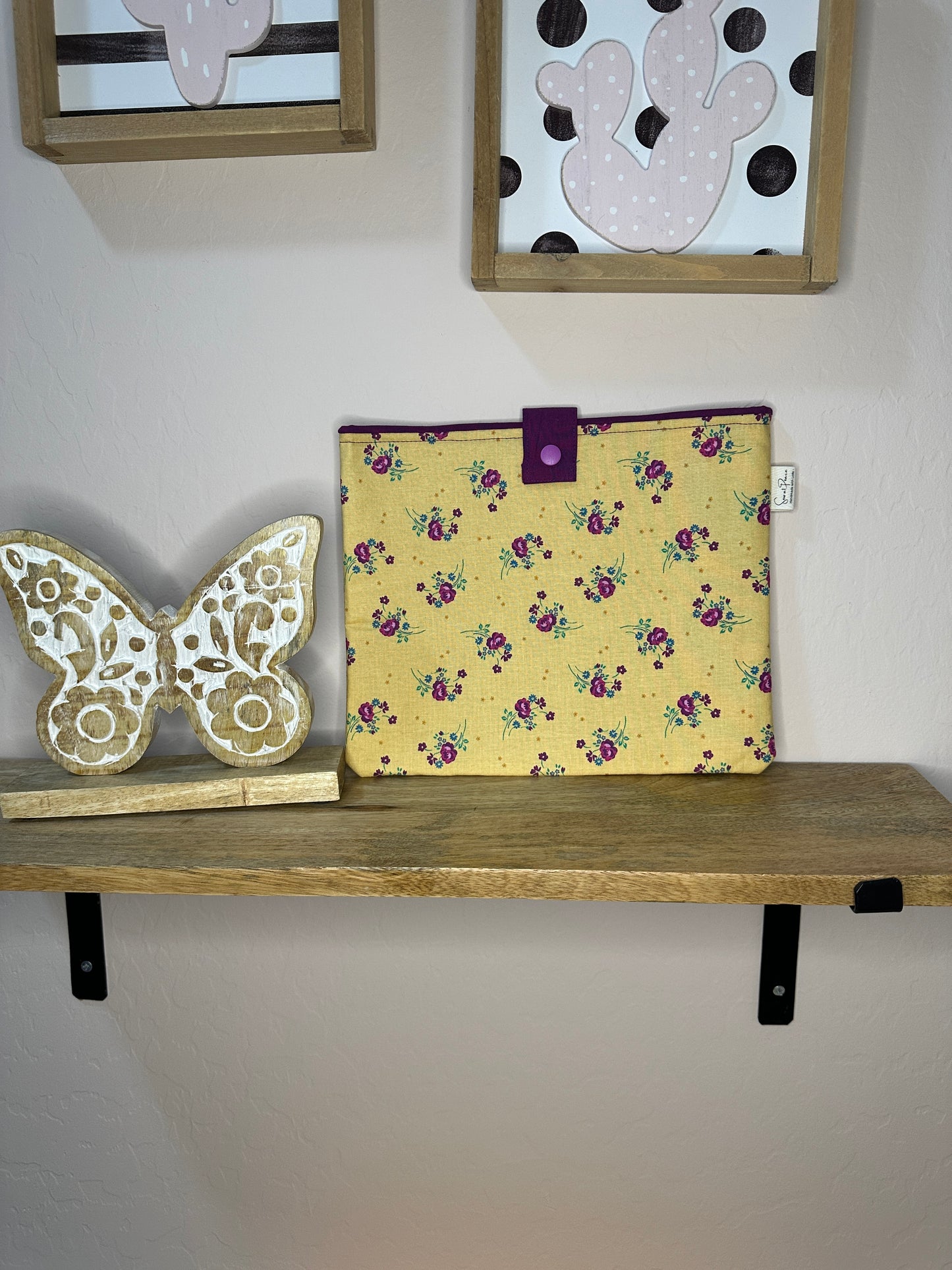 Book Sleeve with snap - Vintage Mustard Purple Flowers