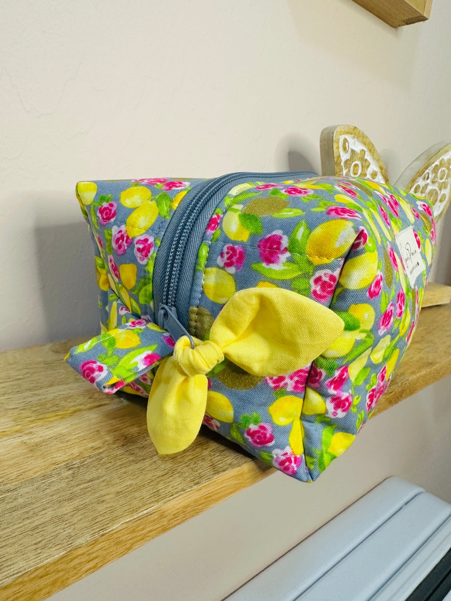 Makeup Bag/Boxy Pouches - Gray with Lemons and fuschia flowers