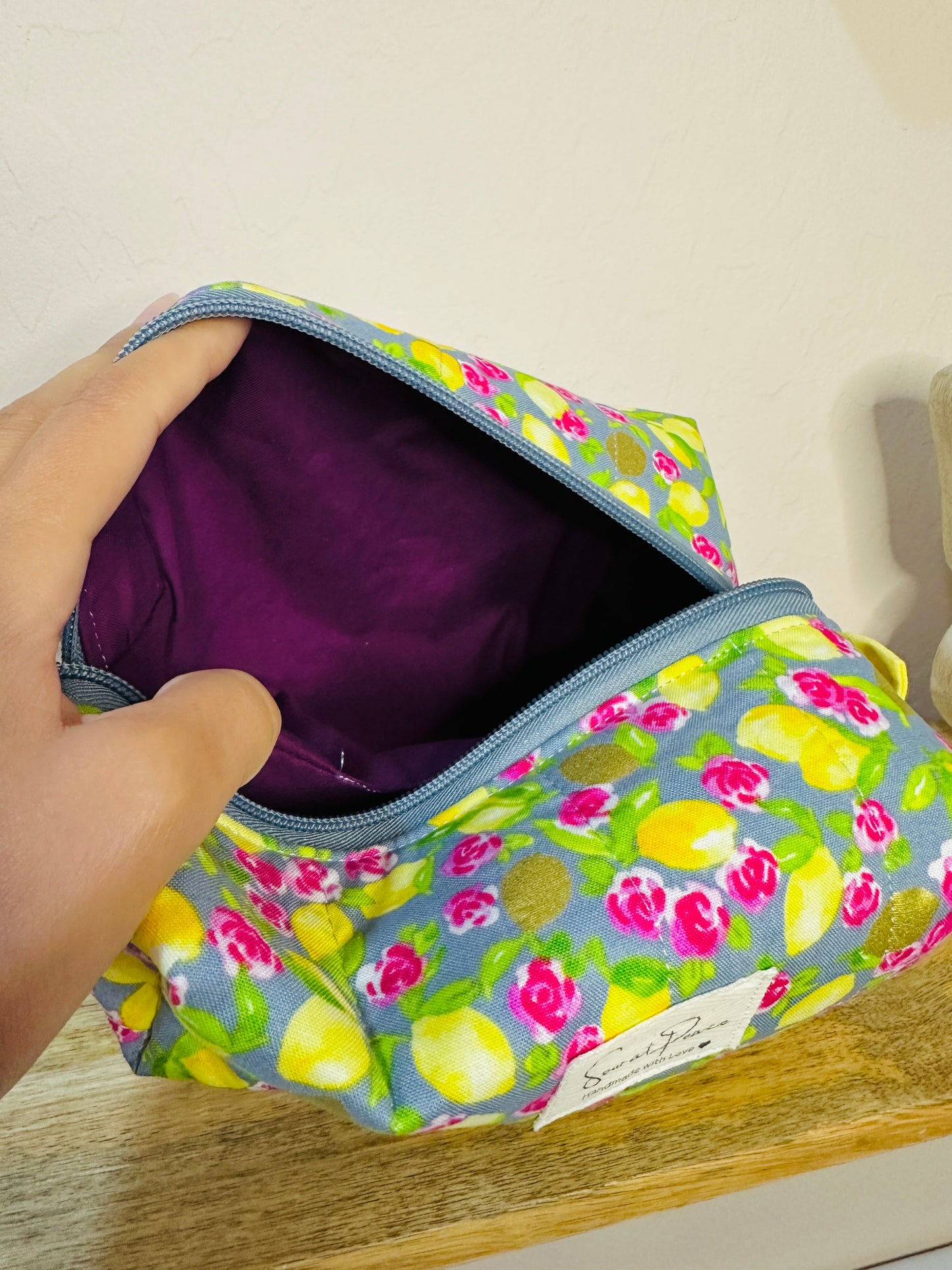 Makeup Bag/Boxy Pouches - Gray with Lemons and fuschia flowers