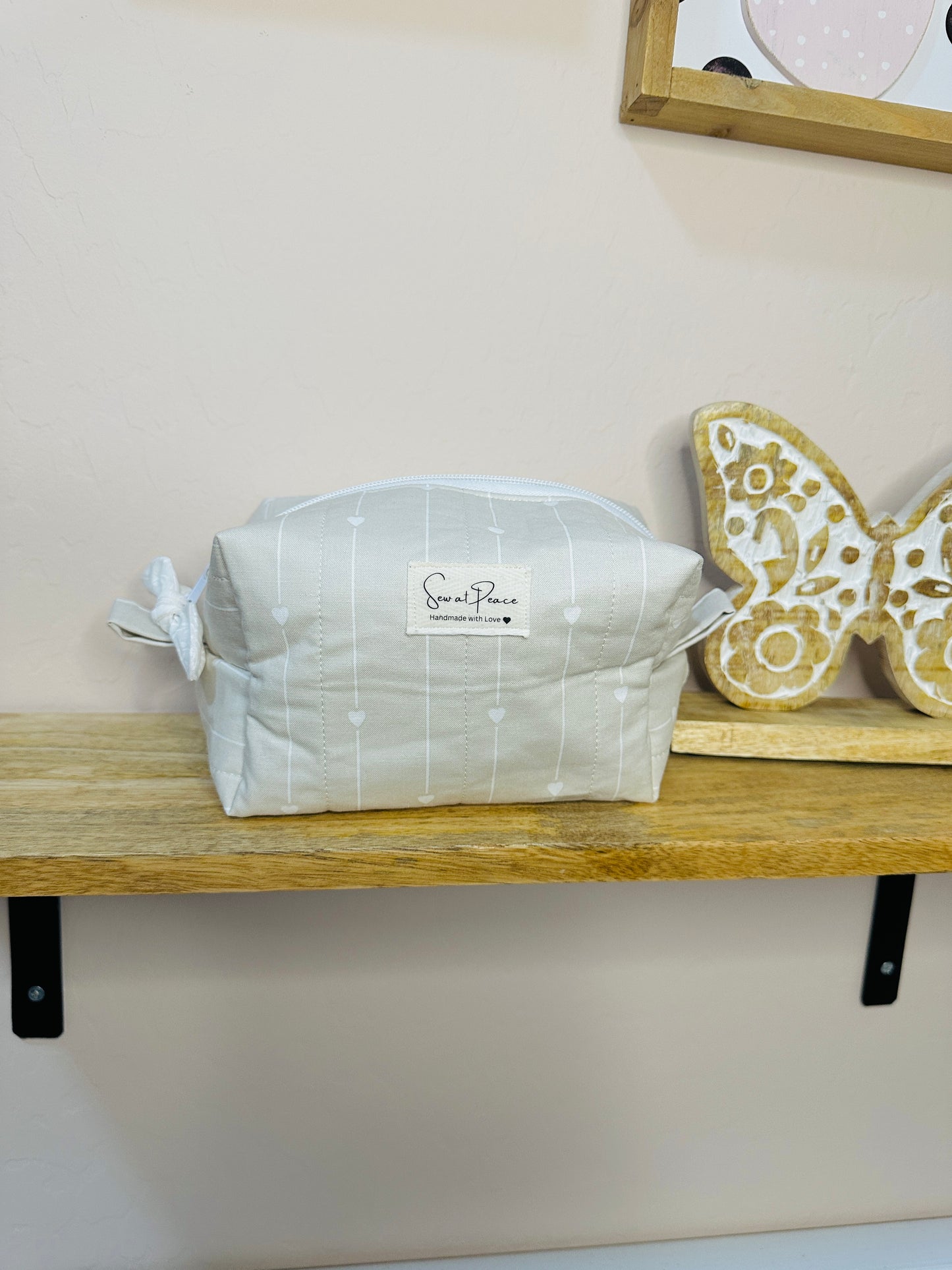 Makeup Bag/Boxy Pouches - Gray with white hearts