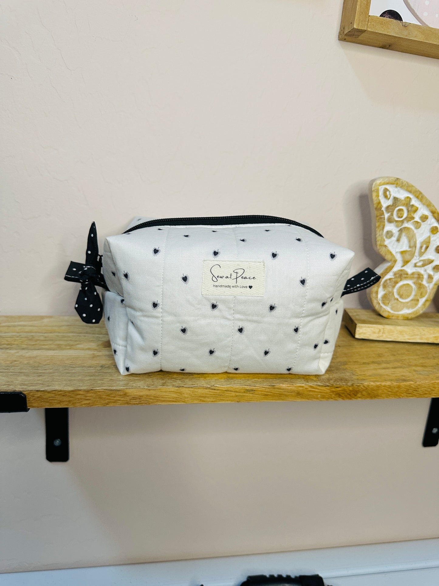 Makeup Bag/Boxy Pouches -Gray with Black Hearts