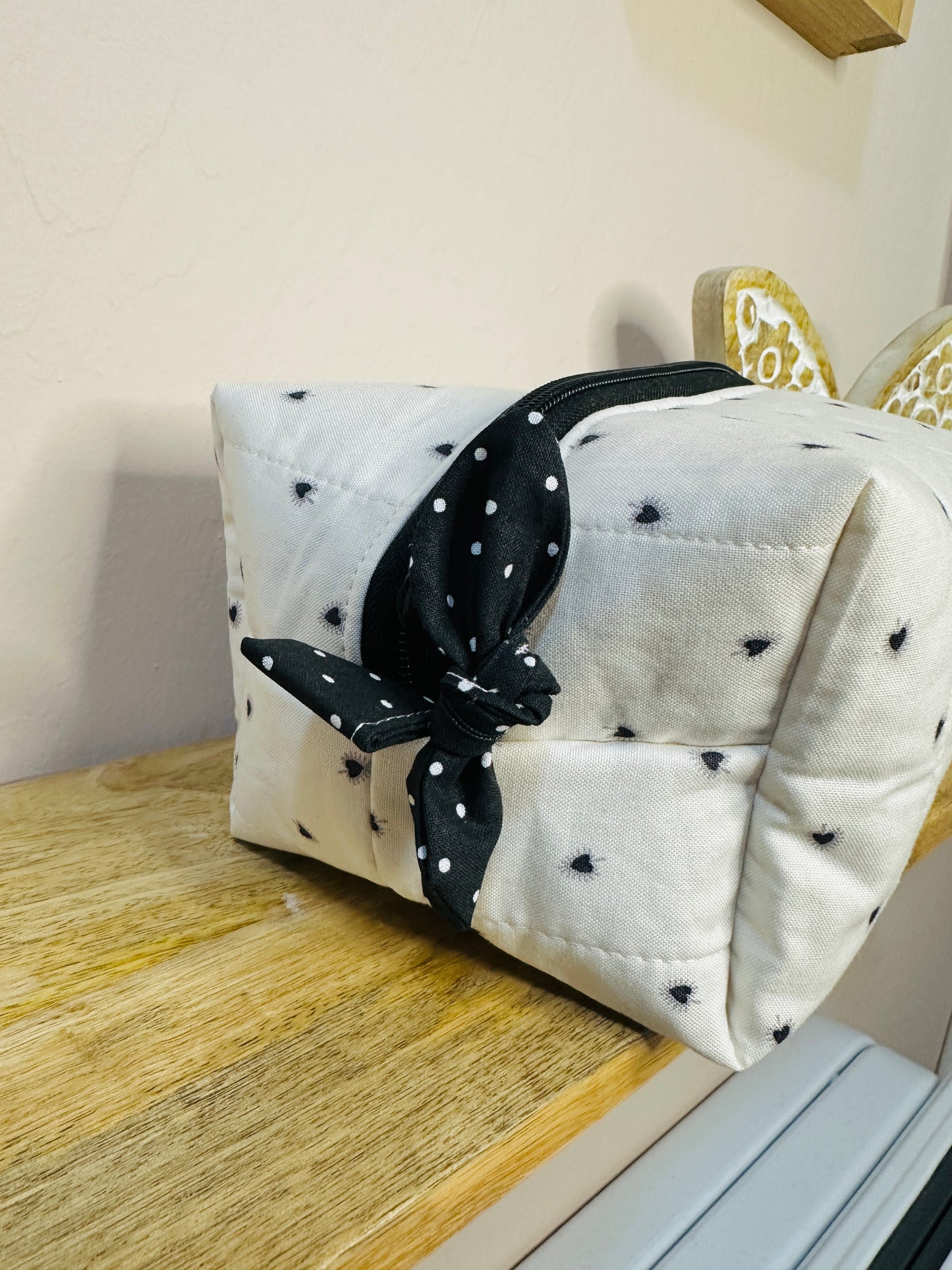 Makeup Bag/Boxy Pouches -Gray with Black Hearts