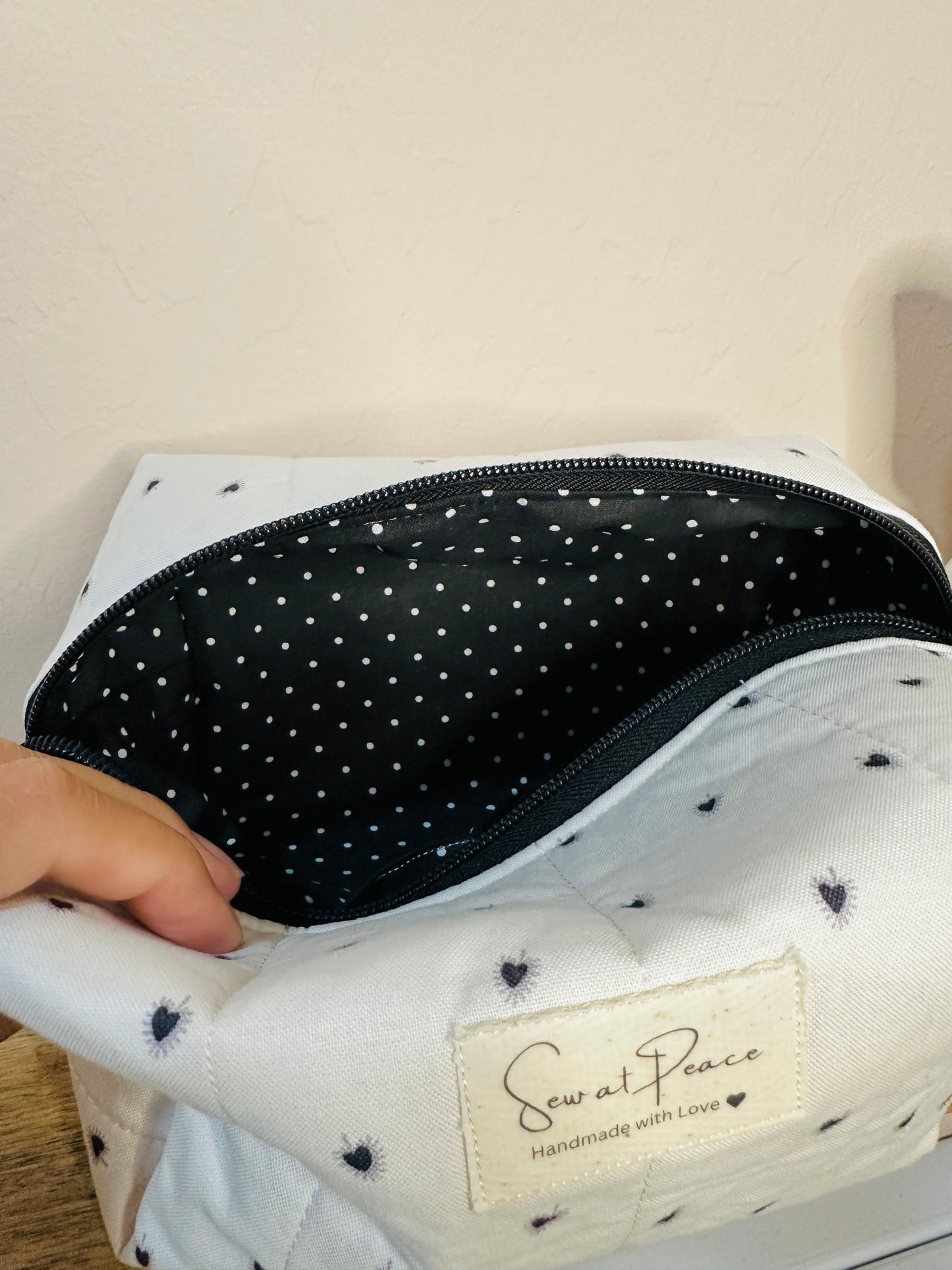 Makeup Bag/Boxy Pouches -Gray with Black Hearts