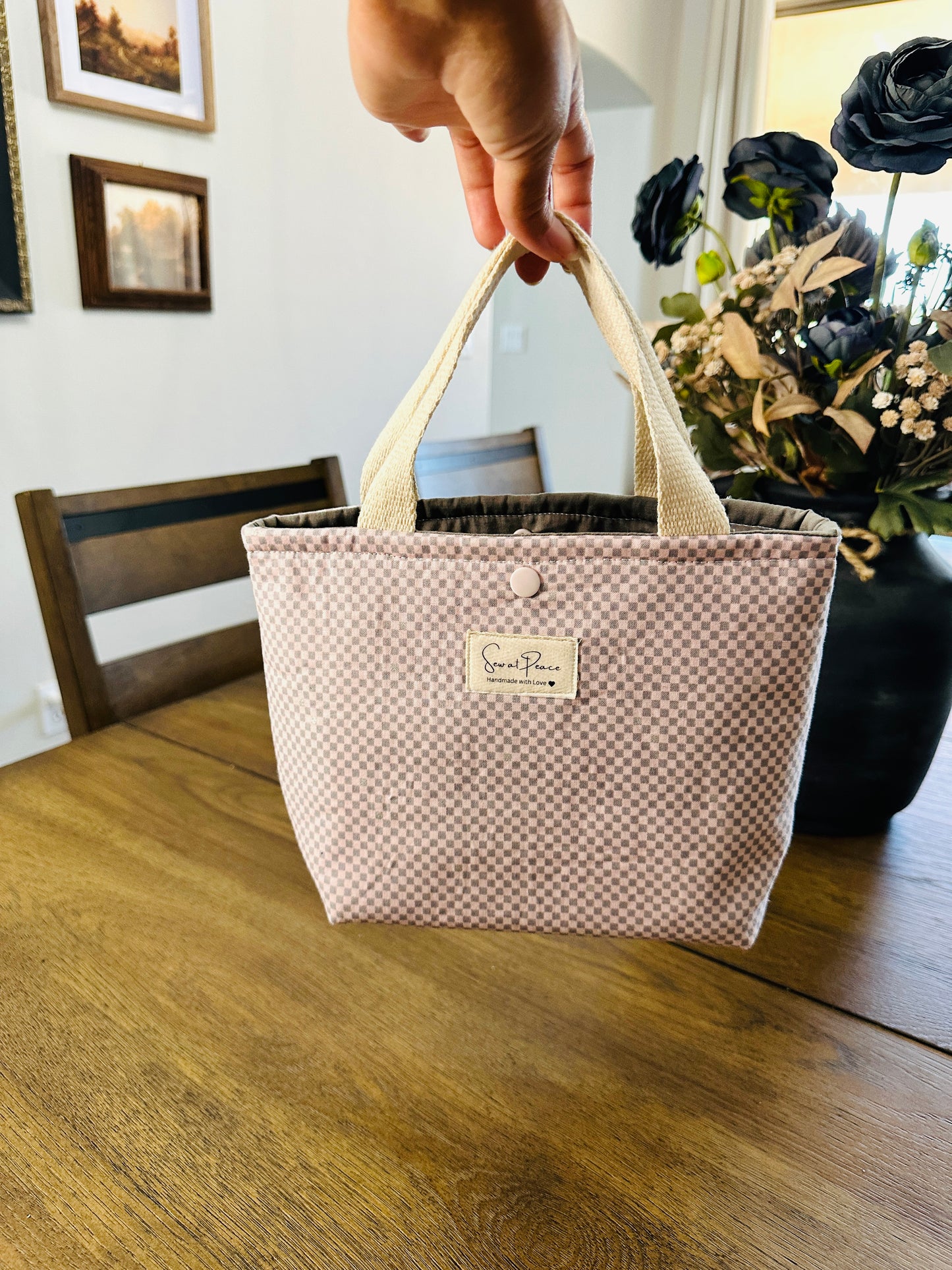 Mini Tote Bag -Pink/Gray Checker