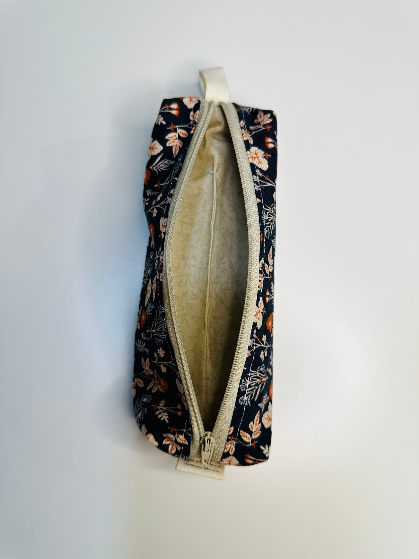 Pencil Case/Small Boxy Pouch - Navy/Burnt Orange Floral