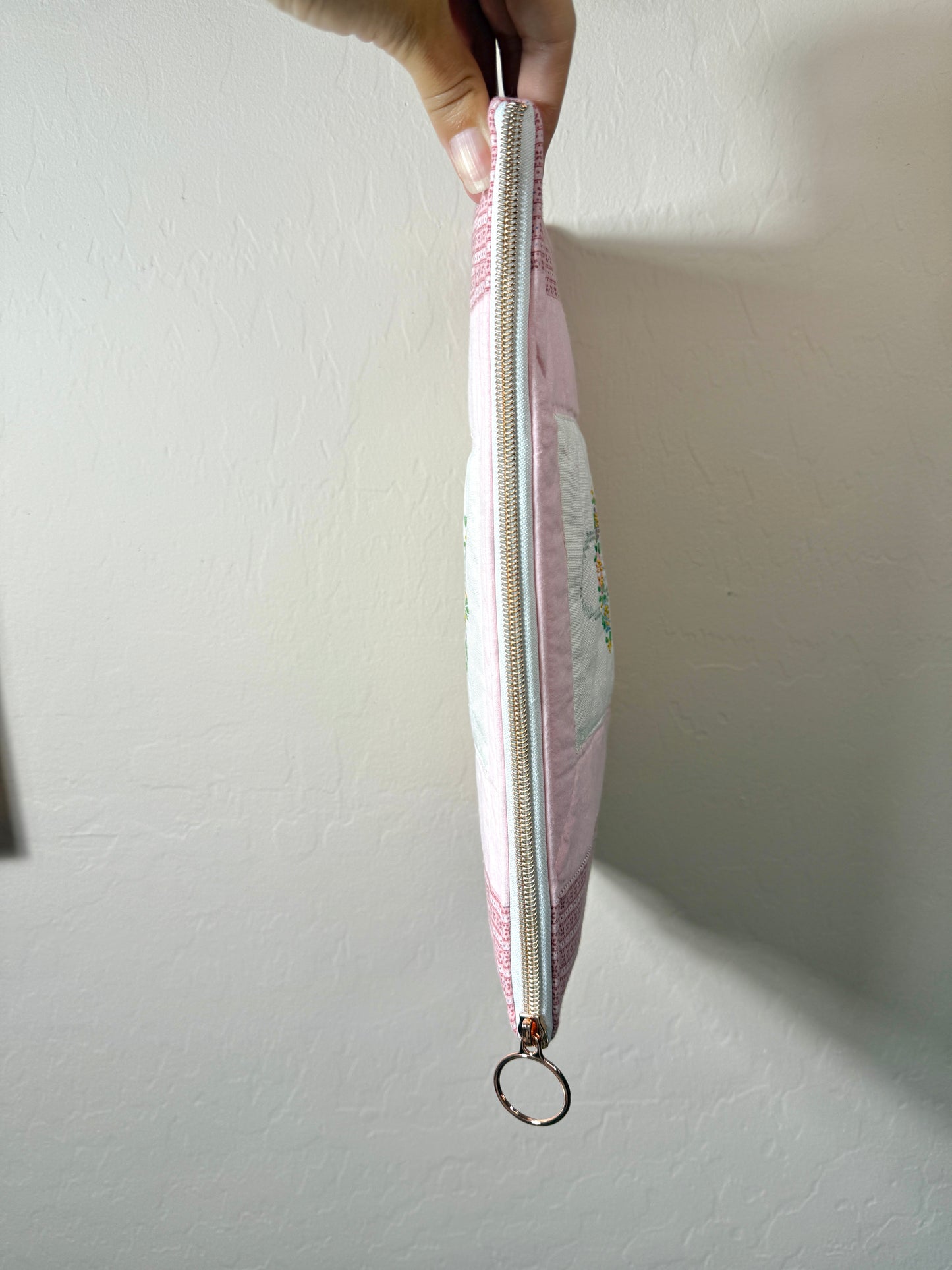 Upcycled Vintage Cross-Stitched Quilt Zipper Pouch-Rose zip