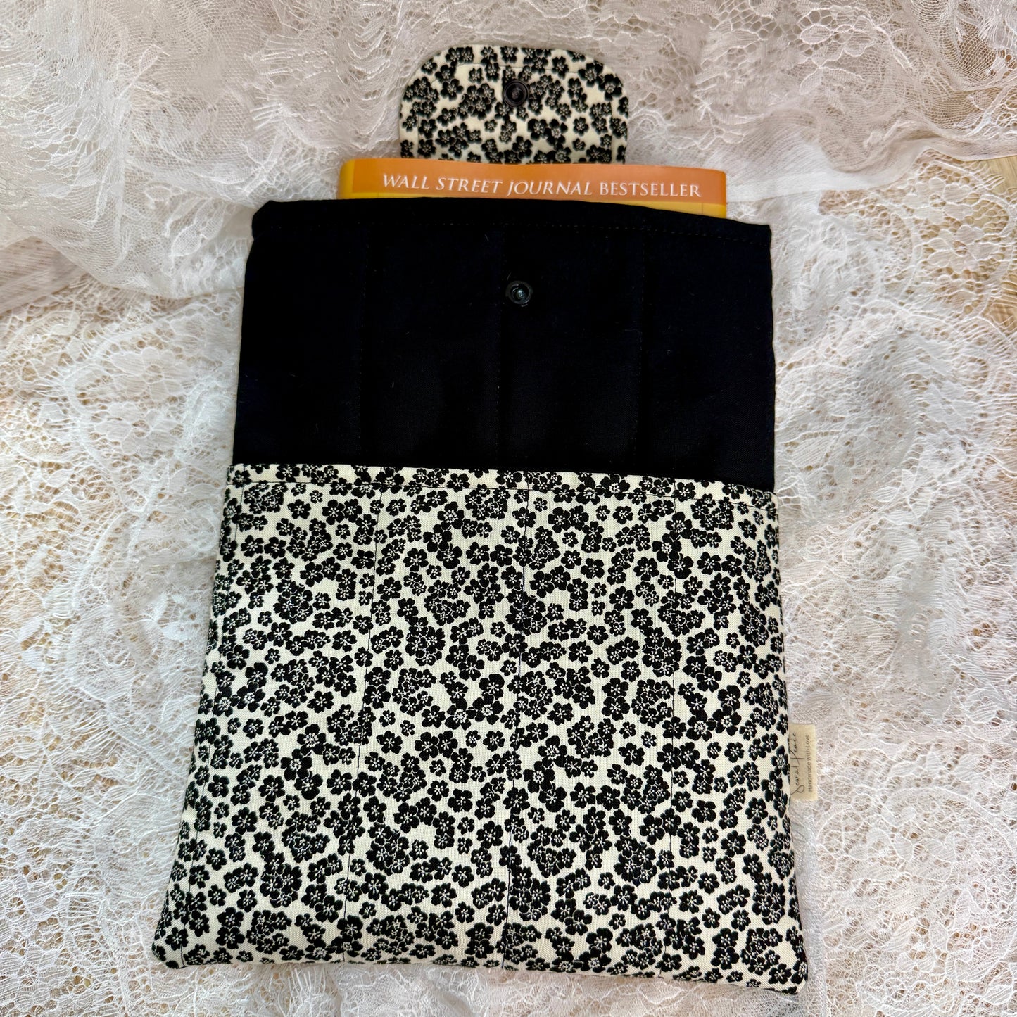 Book Sleeve with Pocket & Snap - Black Floral