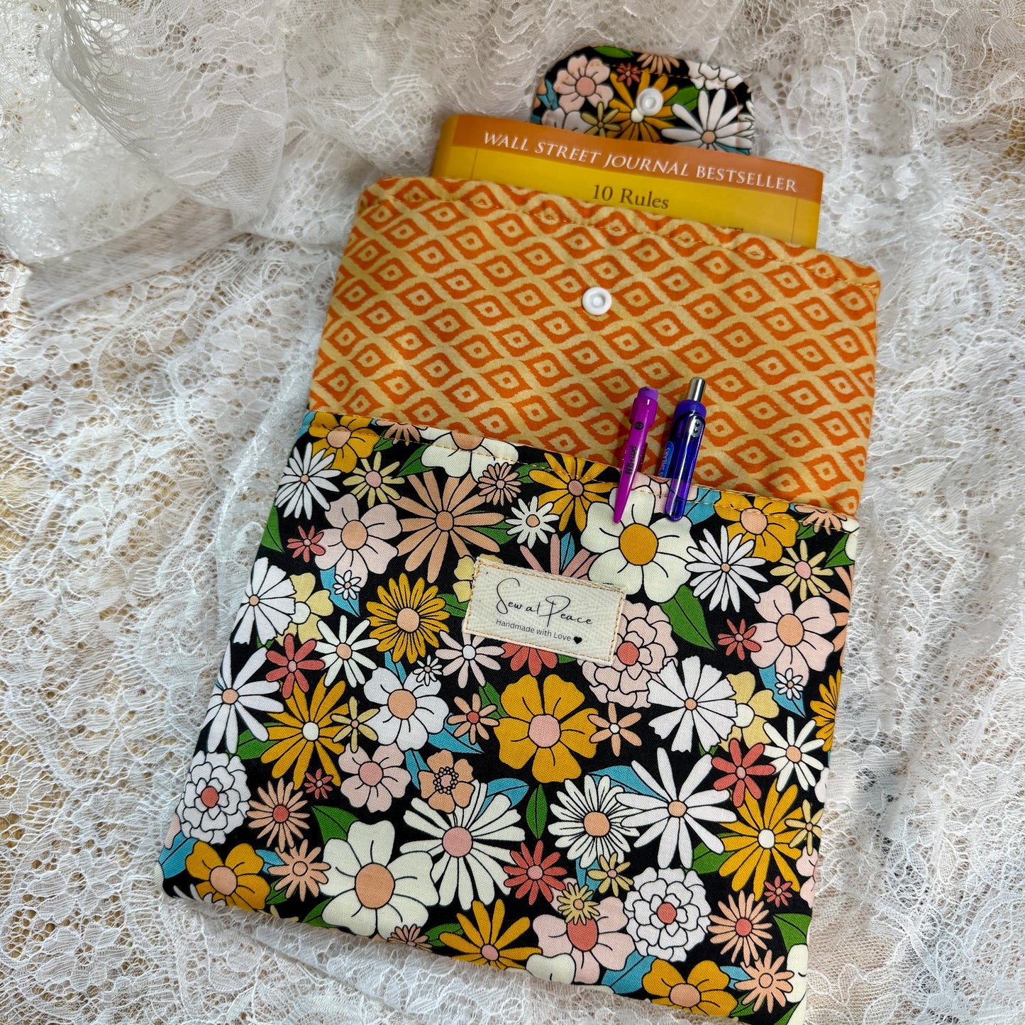 Book Sleeve with Pocket & Snap - Wild Daisies - Black