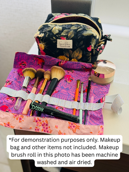 Makeup Brush Roll -Pink/Rose Hearts