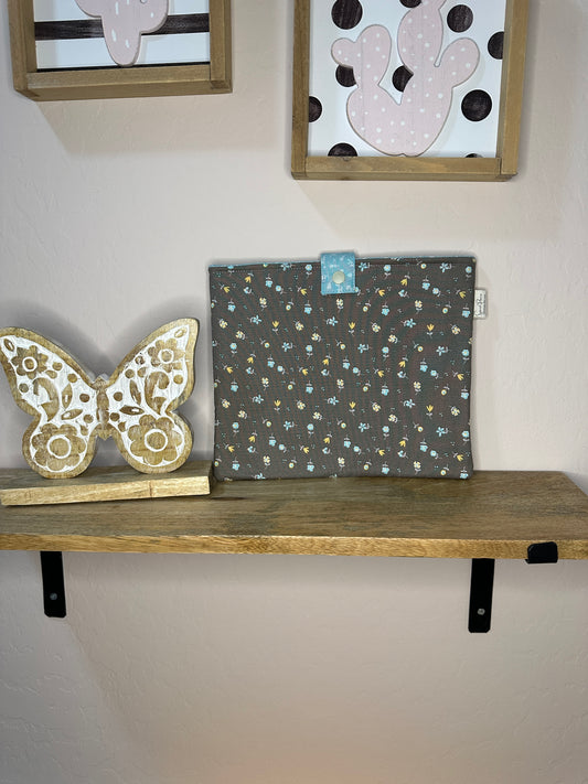 Book Sleeve with snap - Gray with Blue Yellow Flowers