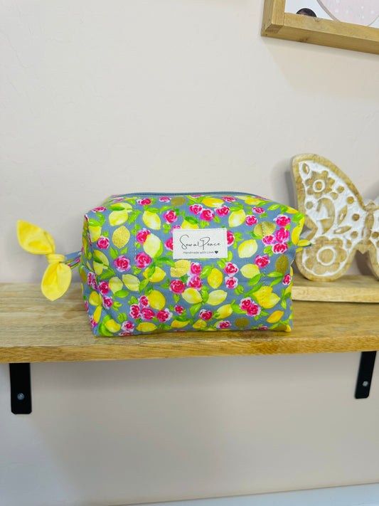 Makeup Bag/Boxy Pouches - Gray with Lemons and fuschia flowers