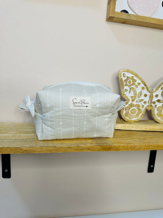 Makeup Bag/Boxy Pouches - Gray with white hearts