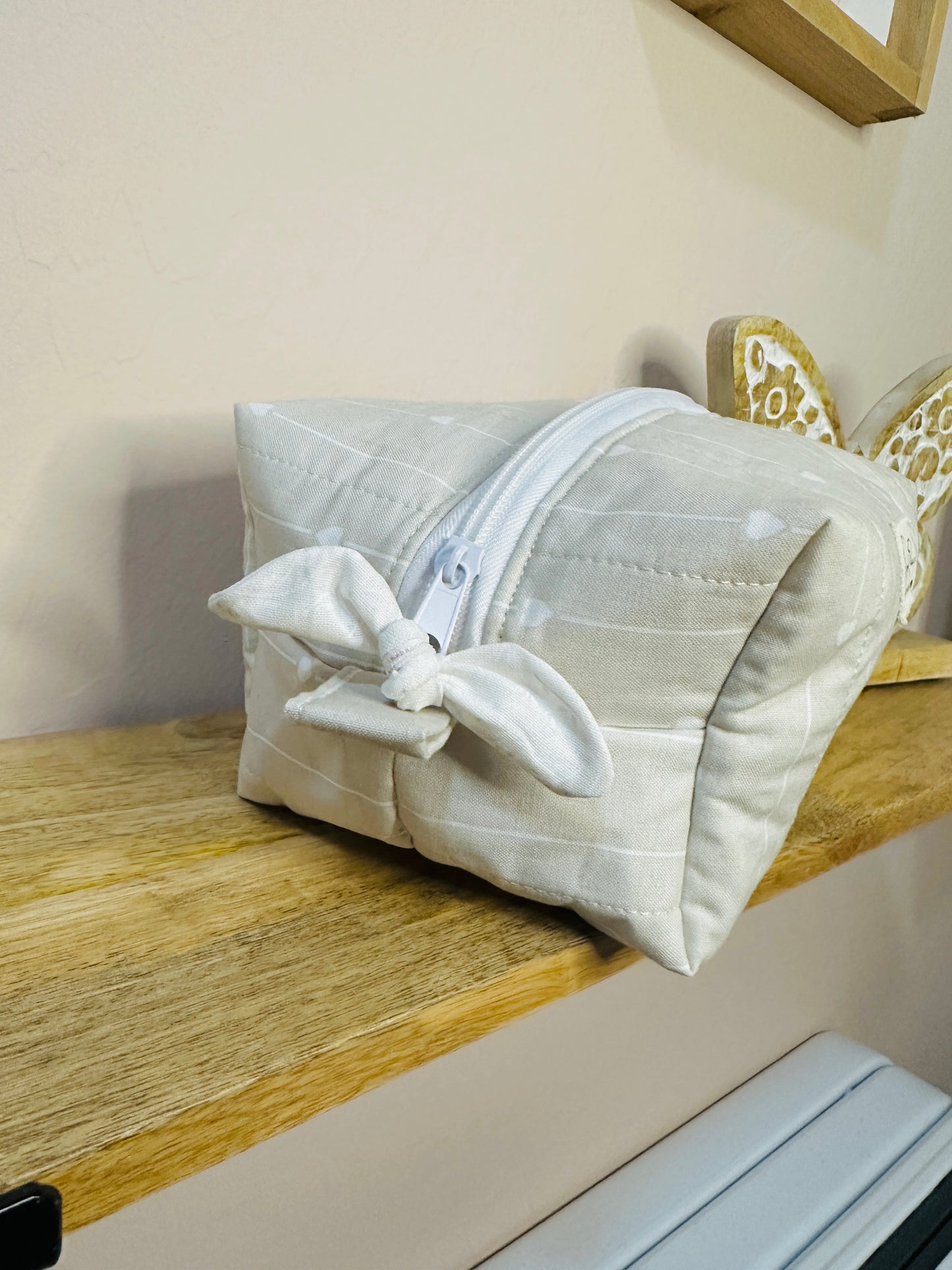 Makeup Bag/Boxy Pouches - Gray with white hearts