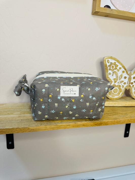 Makeup Bag/Boxy Pouches - Gray with mini blue and yellow flowers