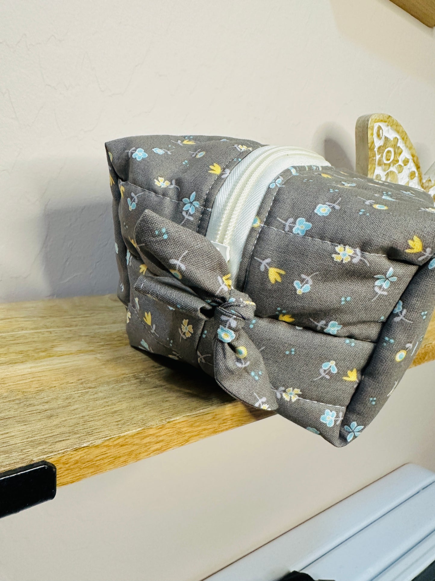Makeup Bag/Boxy Pouches - Gray with mini blue and yellow flowers