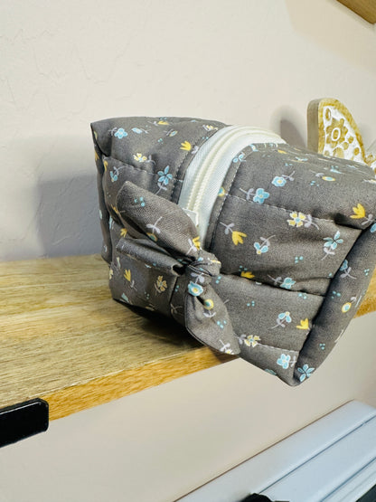 Makeup Bag/Boxy Pouches - Gray with mini blue and yellow flowers