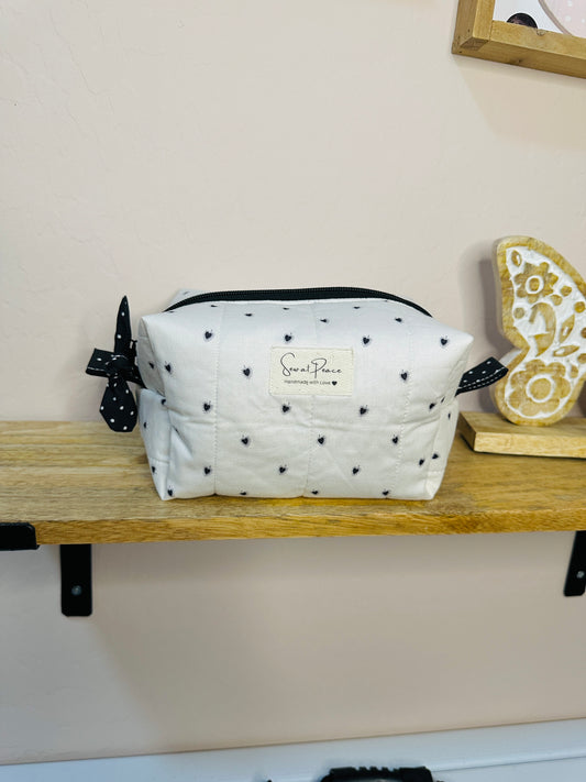 Makeup Bag/Boxy Pouches -Gray with Black Hearts