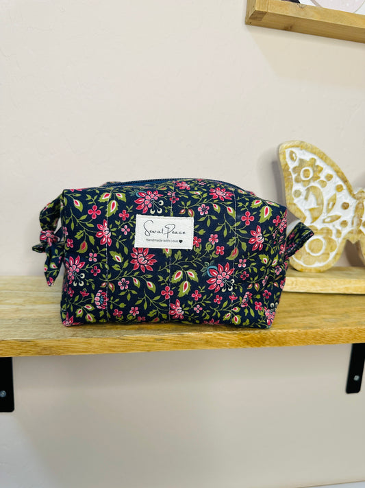 Makeup Bag/Boxy Pouches - Navy/Mauve Floral