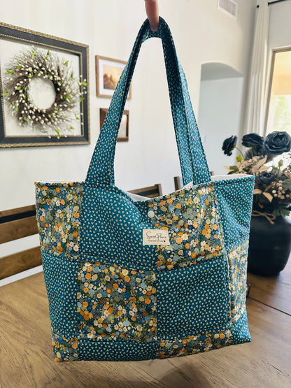 Patchwork Quilted Tote Bag- Hippie Blue Floral