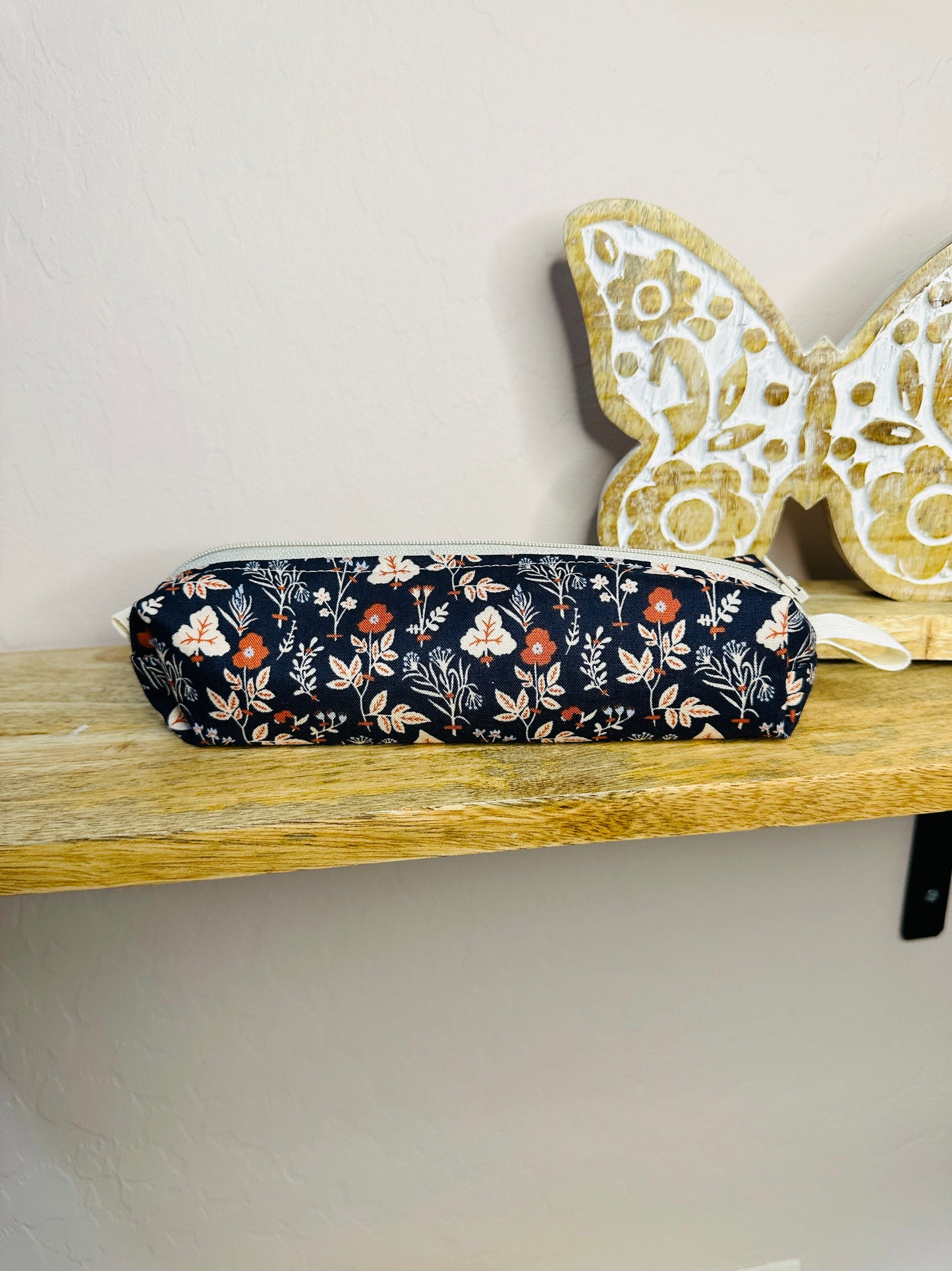 Pencil Case/Small Boxy Pouch - Navy/Burnt Orange Floral