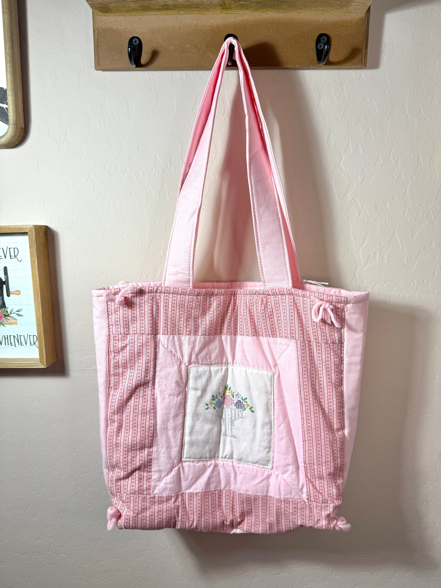 Upcycled Vintage Cross-Stitched Quilt Tote Bag