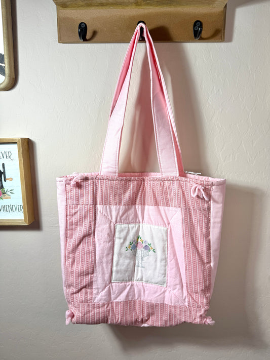 Upcycled Vintage Cross-Stitched Quilt Tote Bag