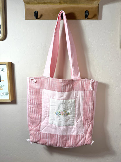 Upcycled Vintage Cross-Stitched Quilt Tote Bag