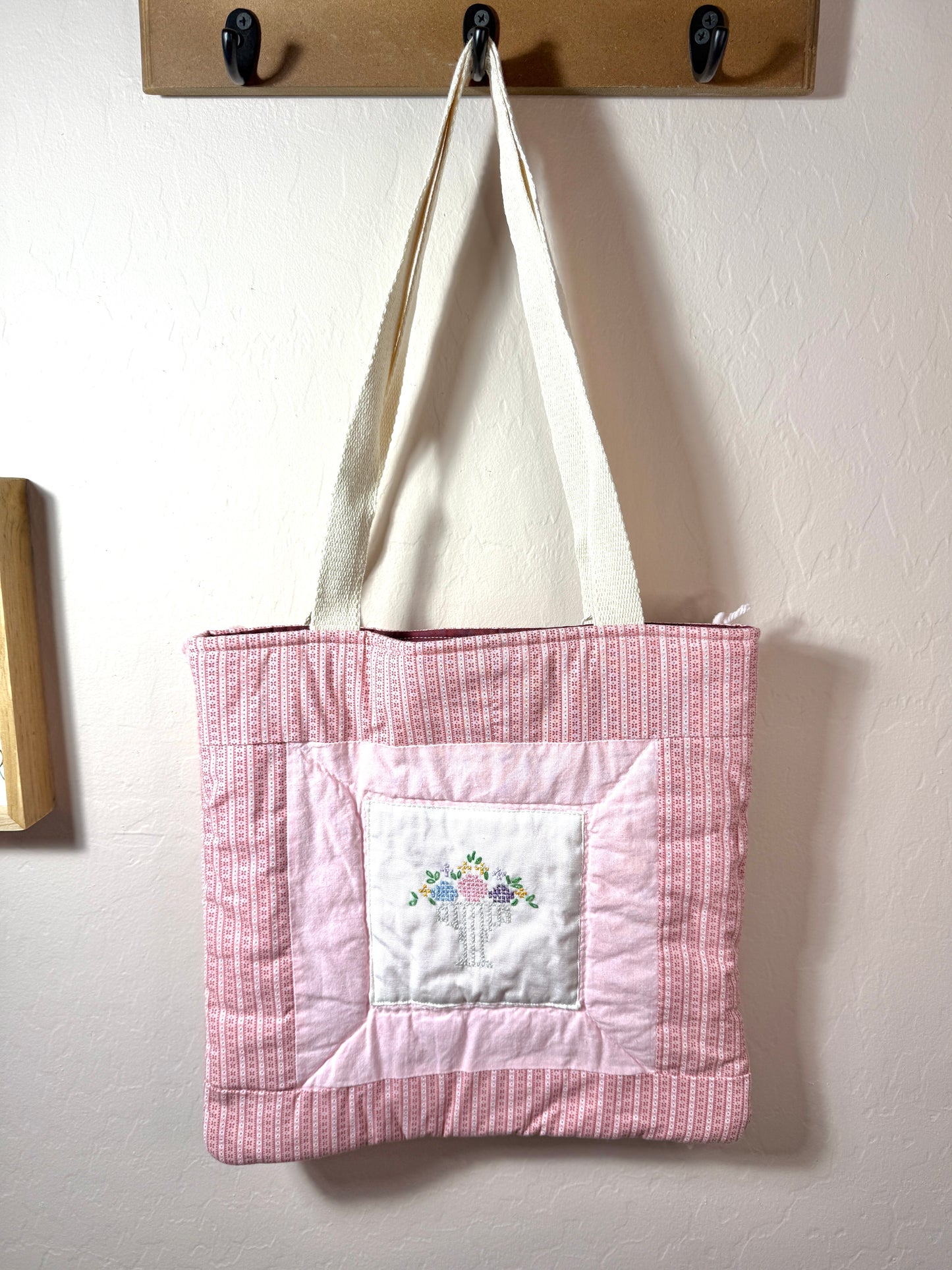 Upcycled Vintage Cross-Stitched Quilt Tote Bag