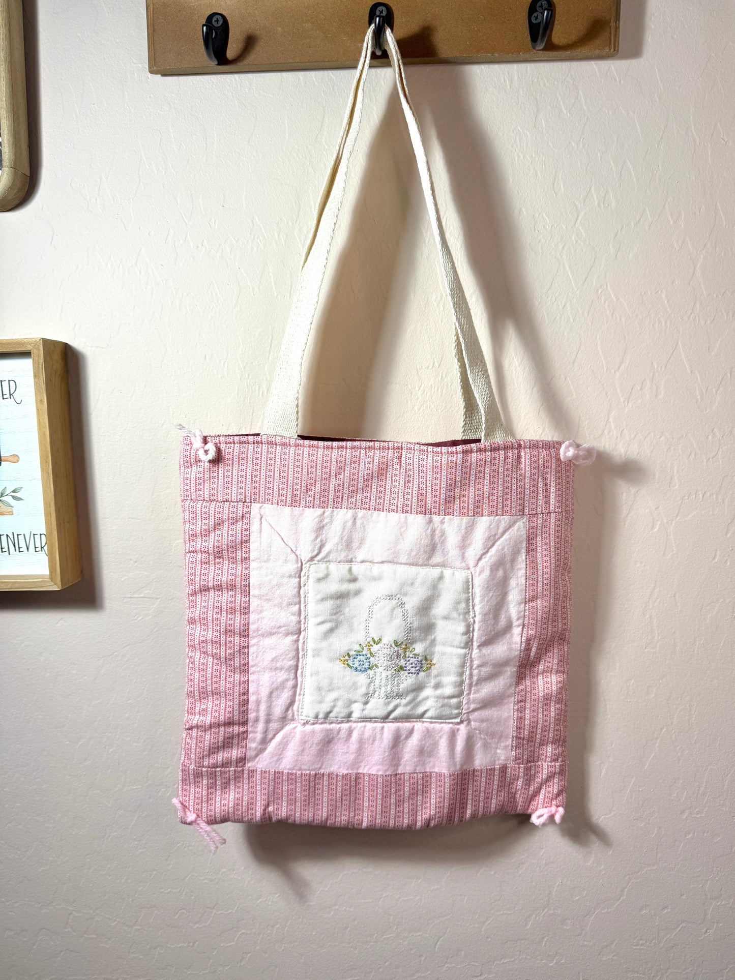 Upcycled Vintage Cross-Stitched Quilt Tote Bag