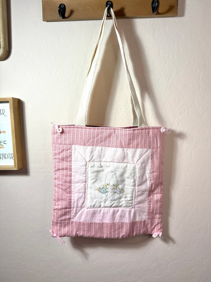 Upcycled Vintage Cross-Stitched Quilt Tote Bag