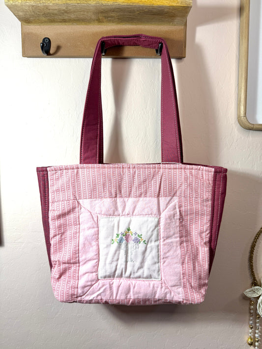 Upcycled Vintage Cross-Stitched Quilt Tote Bag