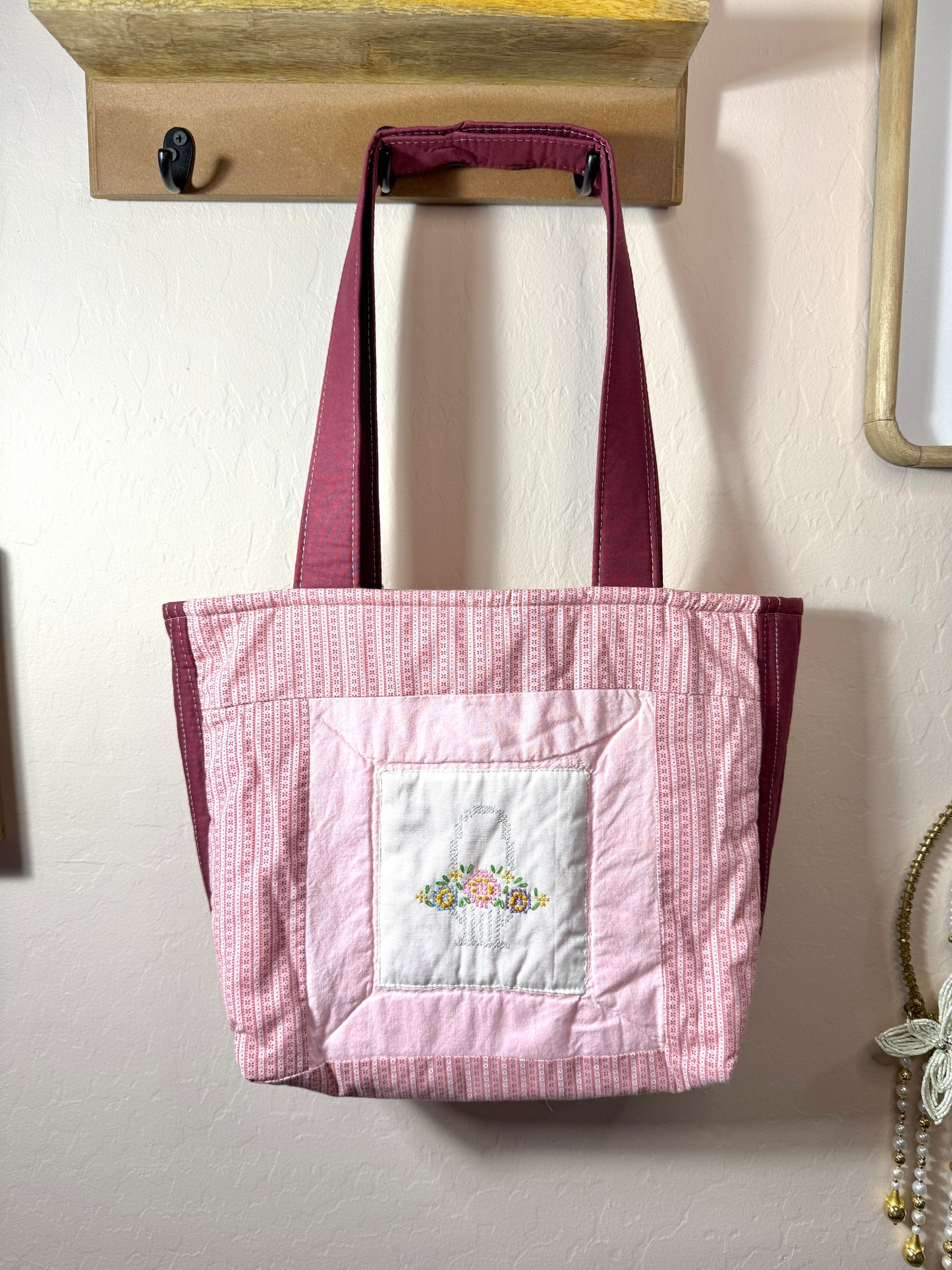 Upcycled Vintage Cross-Stitched Quilt Tote Bag