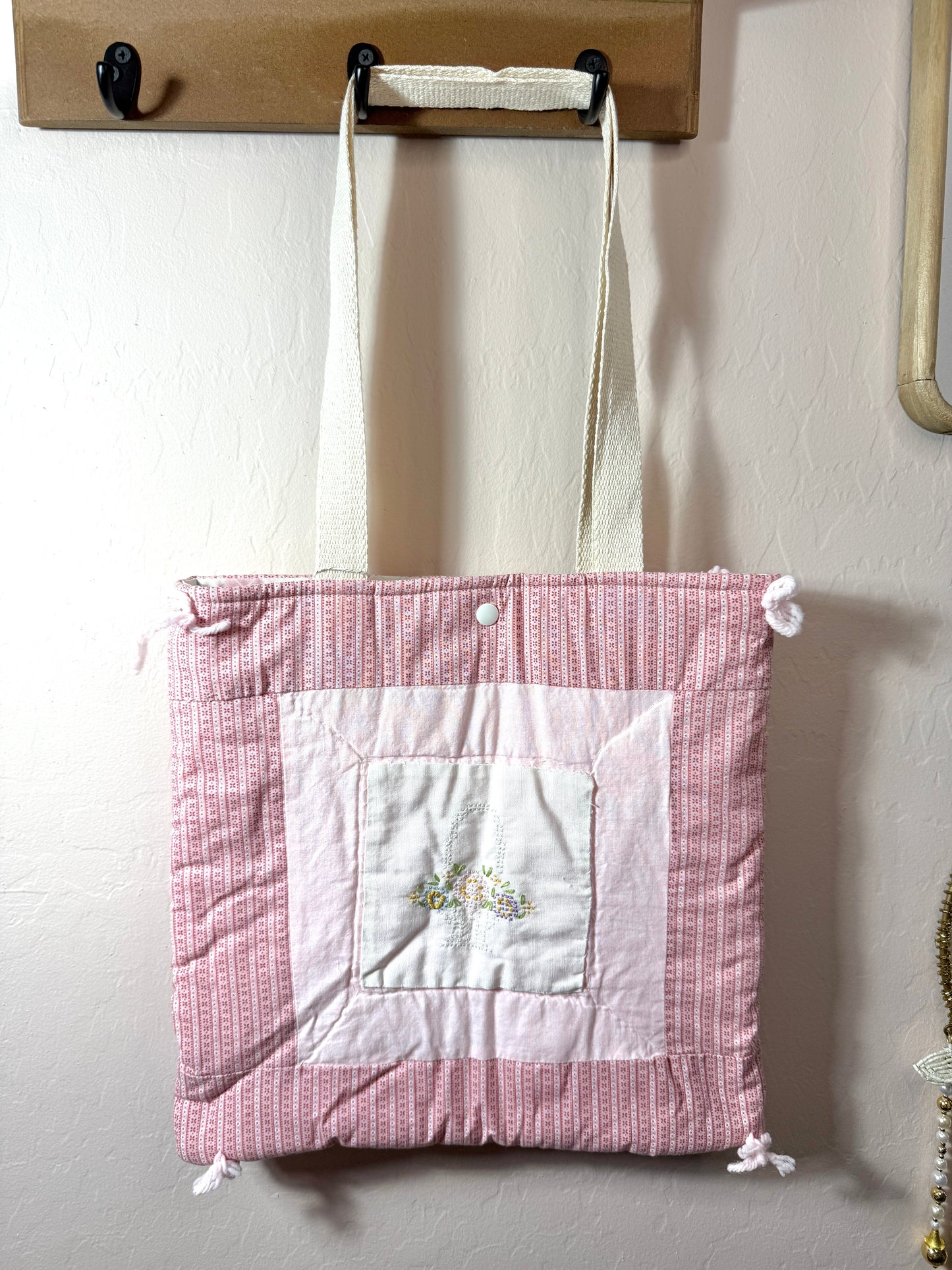 Upcycled Vintage Cross-Stitched Quilt Tote Bag