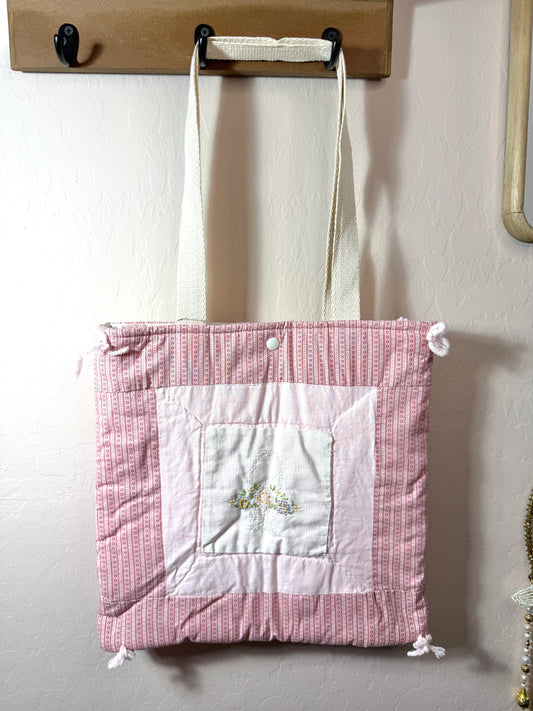 Upcycled Vintage Cross-Stitched Quilt Tote Bag