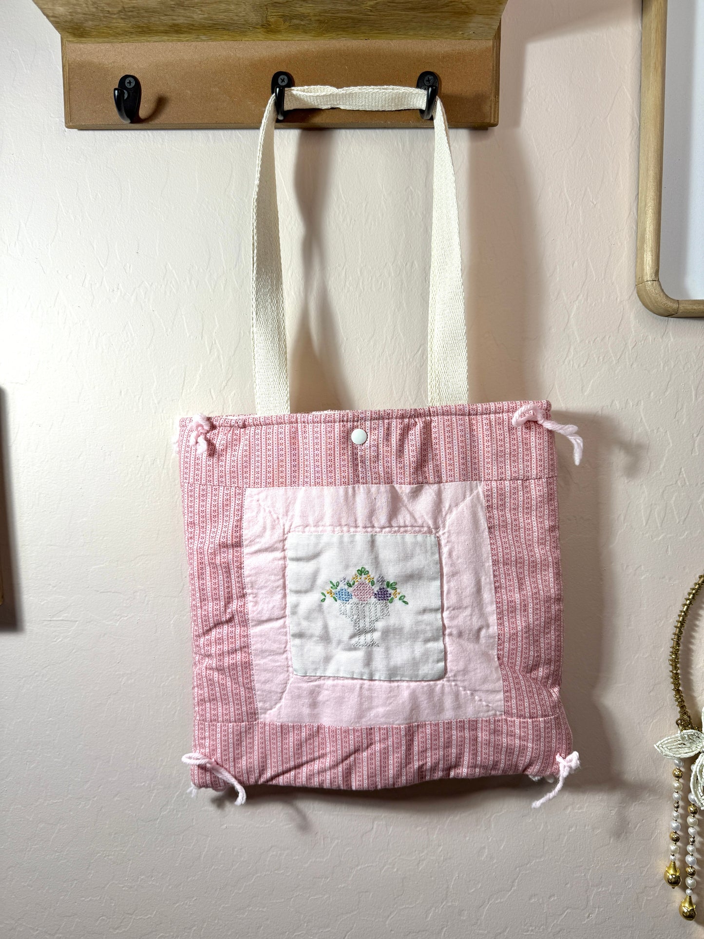 Upcycled Vintage Cross-Stitched Quilt Tote Bag