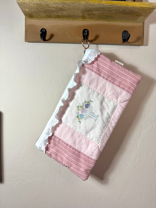 Upcycled Vintage Cross-Stitched Quilt Zipper Pouch w/lace/Rose Zip