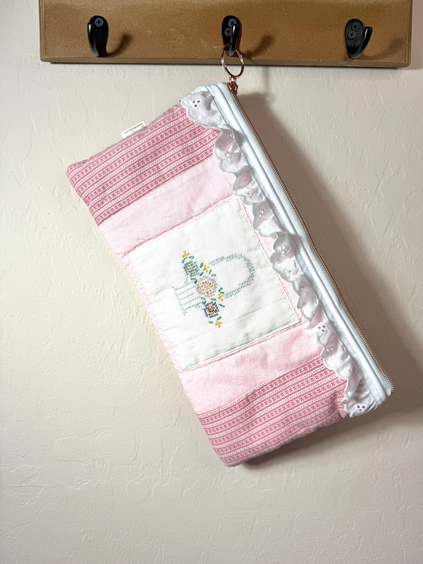 Upcycled Vintage Cross-Stitched Quilt Zipper Pouch w/lace/Rose Zip