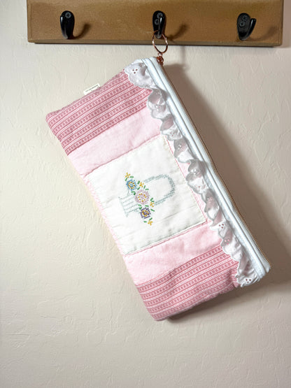 Upcycled Vintage Cross-Stitched Quilt Zipper Pouch w/lace/Rose Zip