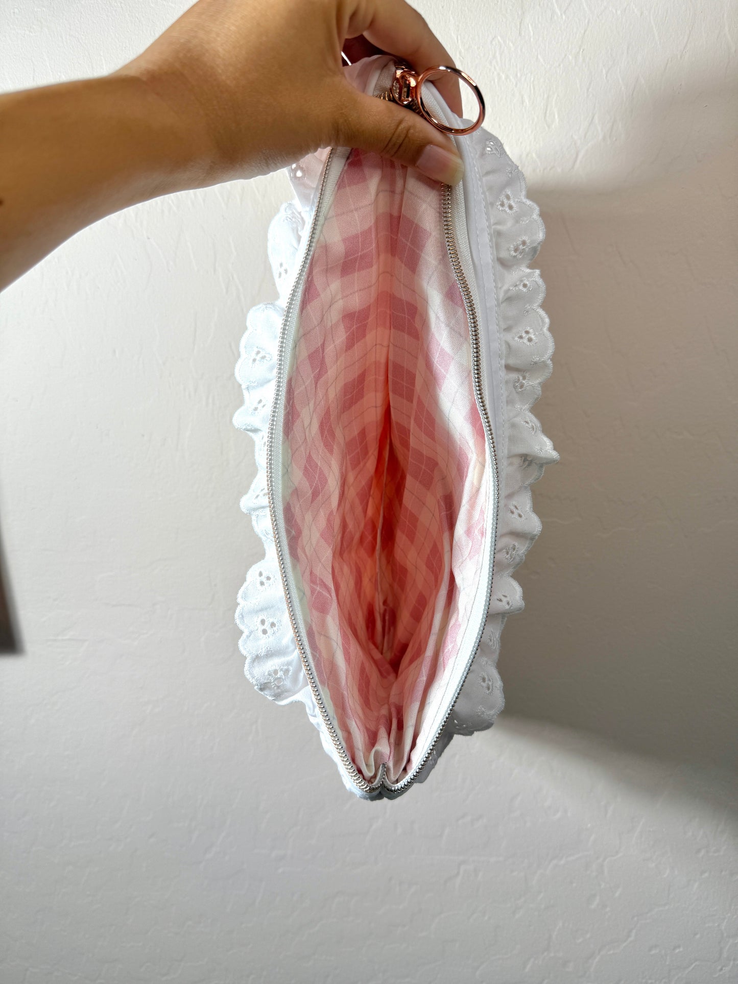 Upcycled Vintage Cross-Stitched Quilt Zipper Pouch w/lace/Rose Zip