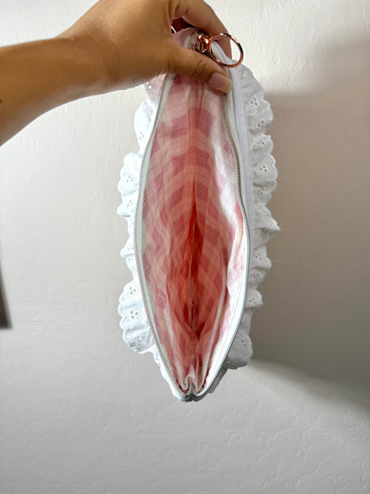 Upcycled Vintage Cross-Stitched Quilt Zipper Pouch w/lace/Rose Zip