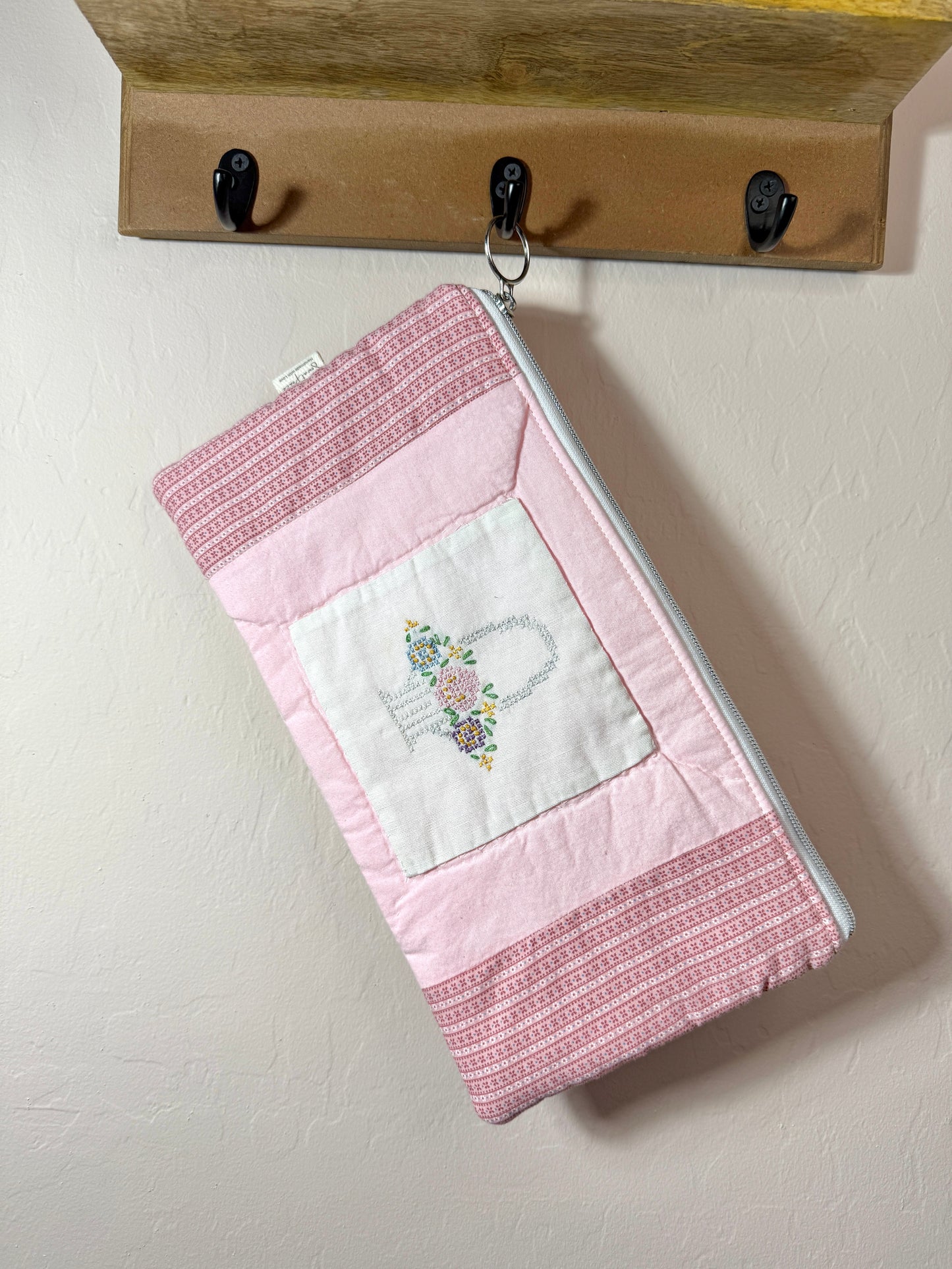 Upcycled Vintage Cross-Stitched Quilt Zipper Pouch-Silver Zip