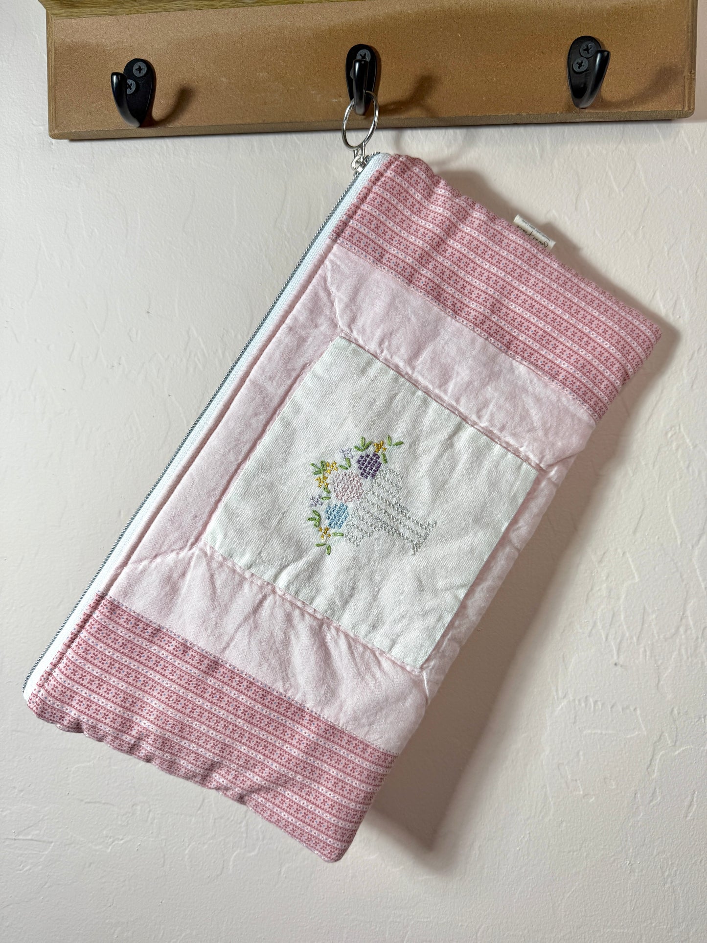 Upcycled Vintage Cross-Stitched Quilt Zipper Pouch-Silver Zip