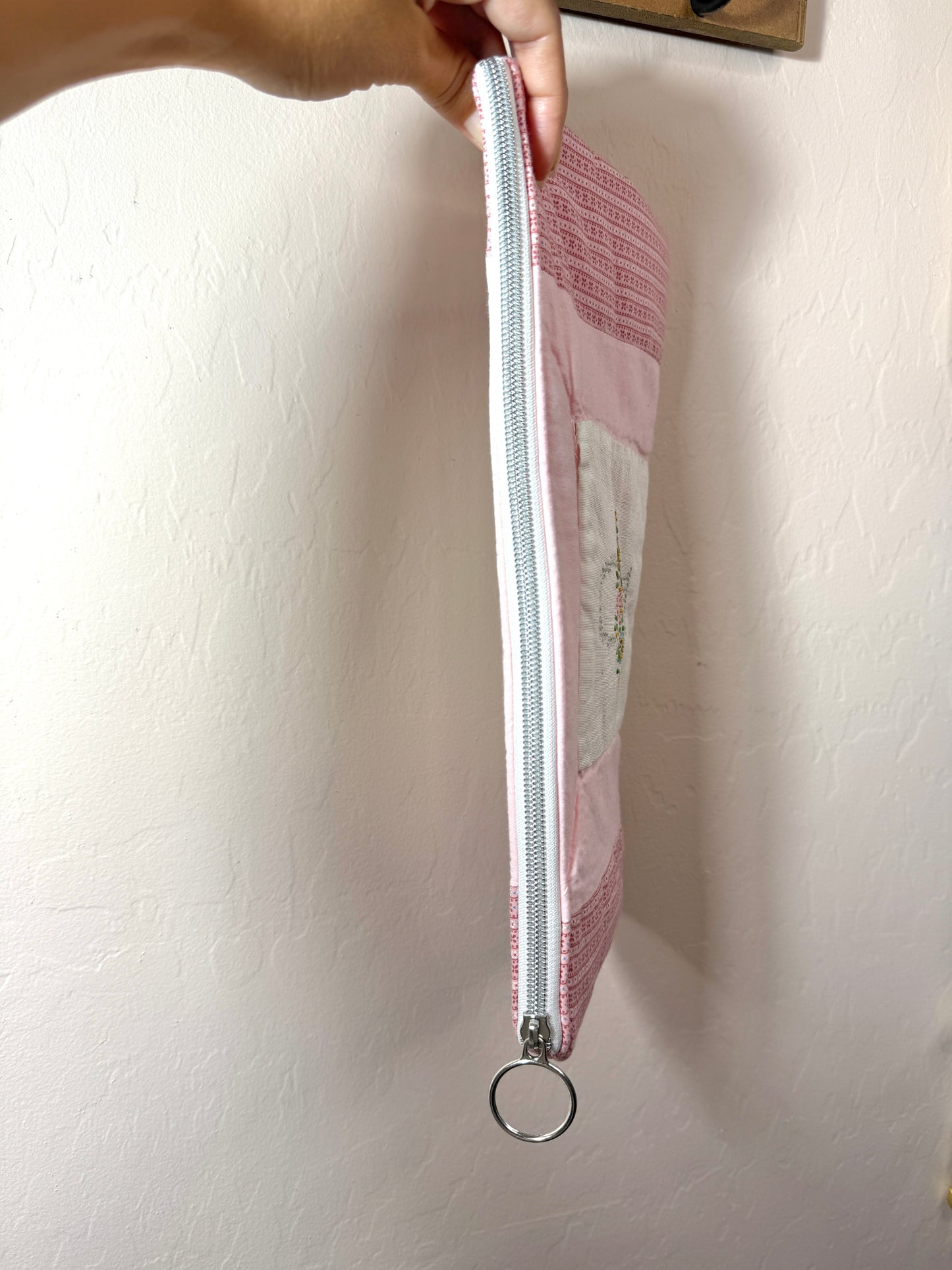 Upcycled Vintage Cross-Stitched Quilt Zipper Pouch-Silver Zip