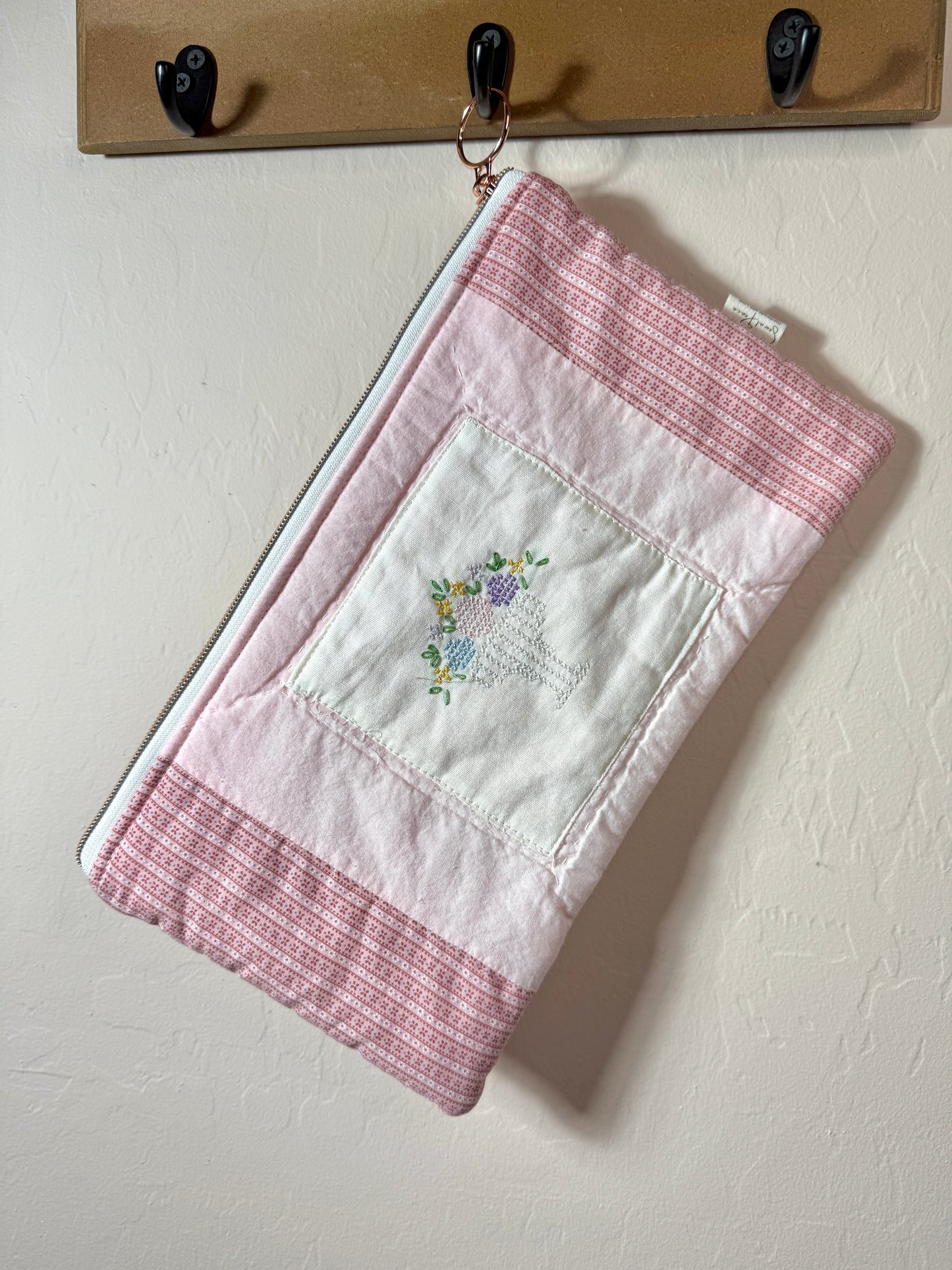 Upcycled Vintage Cross-Stitched Quilt Zipper Pouch-Rose zip