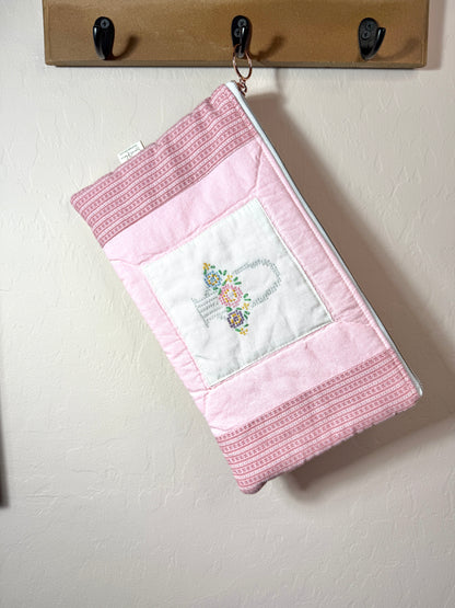 Upcycled Vintage Cross-Stitched Quilt Zipper Pouch-Rose zip