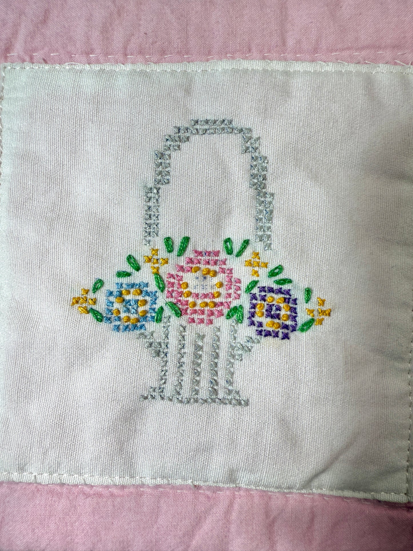 Upcycled Vintage Cross-Stitched Quilt Zipper Pouch-Rose zip