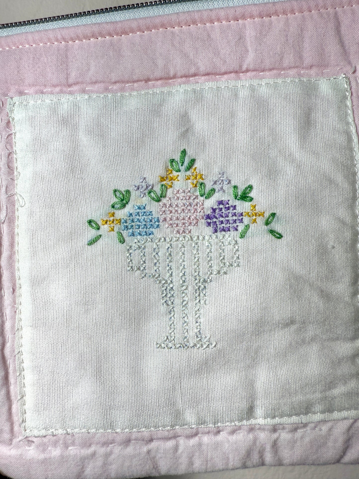 Upcycled Vintage Cross-Stitched Quilt Zipper Pouch-Rose zip