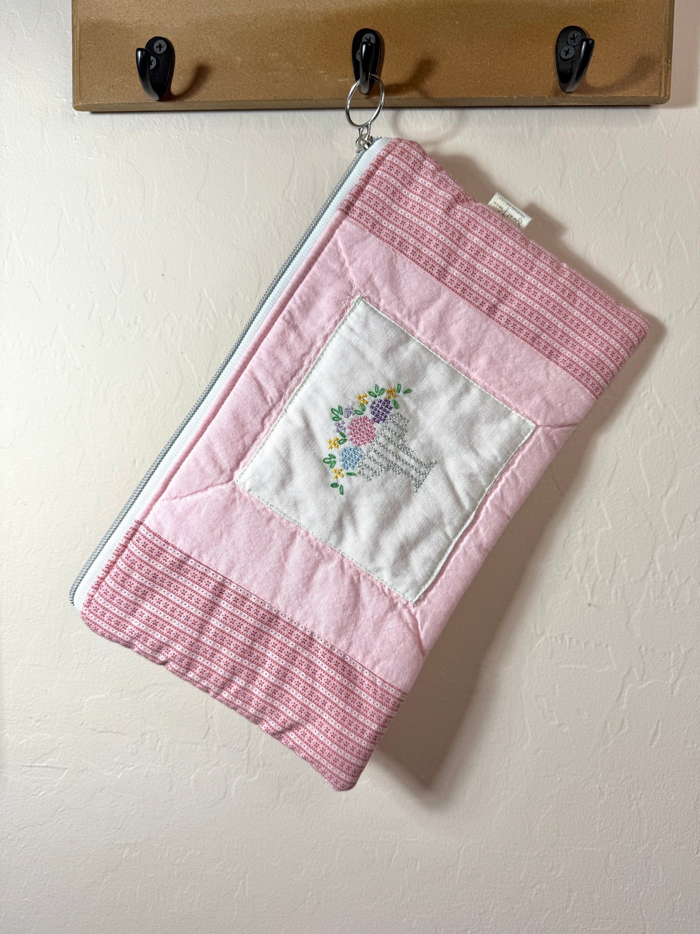 Upcycled Vintage Cross-Stitched Quilt Zipper Pouch-Silver Zip