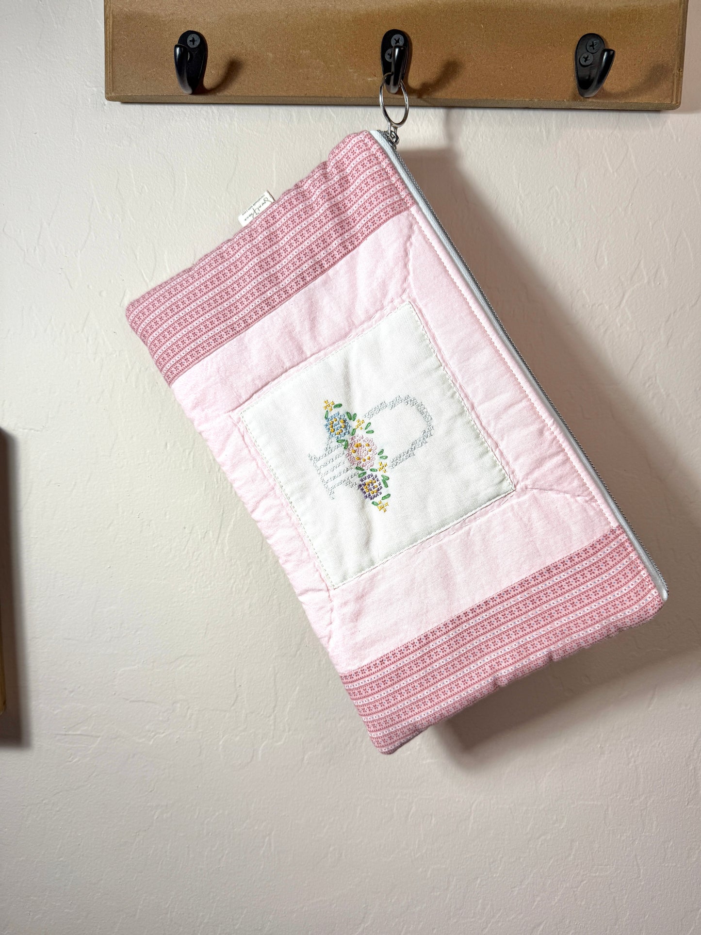 Upcycled Vintage Cross-Stitched Quilt Zipper Pouch-Silver Zip